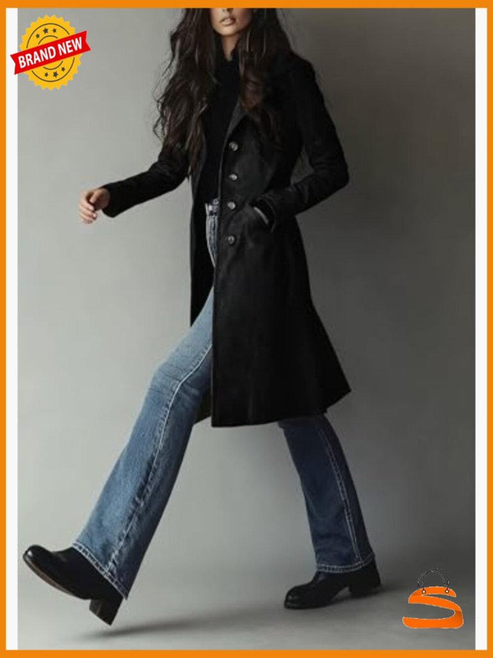 Faux Suede Trench Coat Long Sleeve Notch Lapel Overcoat with Pockets - Picture 5 of 7